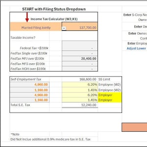 May include: A spreadsheet with financial data and calculations. The top left corner reads "START with Filing Status Dropdown". Key figures include "185,000", "80,000", and "23,500". The total tax is calculated as "32,640.00".