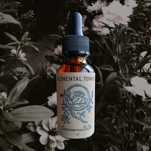 May include: A brown glass bottle with a black dropper top, labeled "ELEMENTAL TONICS" and "transmutate." The label features a blue illustration of a snake and flowers. The bottle contains a golden liquid and is set against a backdrop of green foliage and white flowers.