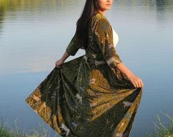 Long Velvet Jacket ( Green and white lining inside ),Jungle And Animal Kimono Jacket And Coat Velvet