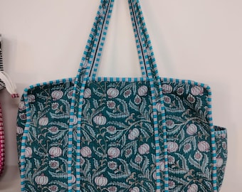 Handmade Quilted Tote Bag ,Indian Quilted Making Tote Bags, Grocery Bag, block print Totes bags, Cotton travel Bag , Medium Tote Bag