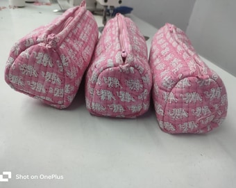 Handmade Quilted Cotton Zipper pouch, Pencil Case,Pink Makeup Bag,Great Gift for Students, Teachers, or Art Enthusiasts