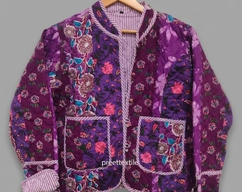 Handcrafted Cotton Quilted Patchwork Jacket, Boho Floral Reversible Coat – Vintage Kantha Kimono Style Short Jacket for Women, Gift for Her