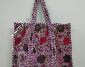 Velvet Tote Bag Floral Print / Quilted Pitch Making Tote Bag/ Shoulder Bags /Shopping Bags / Multi Purpose Hand Bag / Valentine's days Sale