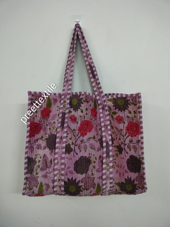 Velvet Tote Bag Floral Print / Quilted Pitch Making Tote Bag/ Shoulder Bags /Shopping Bags / Multi Purpose Hand Bag / Valentine's days Sale