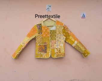 Handcrafted Cotton Quilted Patchwork Jacket, Boho Floral Reversible Coat – Vintage Kantha Kimono Style Short Jacket for Women, Gift for Her