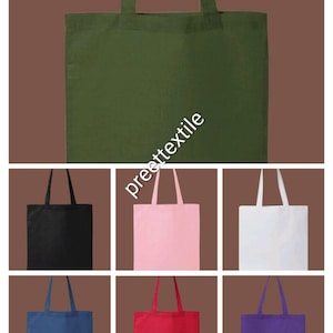 May include: A collection of tote bags in various colors, including green, black, pink, white, blue, red, and purple. Each bag has a rectangular shape with a handle. The text "preettextile" is visible on the image.