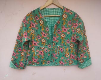 Gorgeous Blue 100% Cotton Handmade Reversible Light Weight Quilted Short Jacket,WomenWear New Style Coat,Partywear OR Gift For Her,