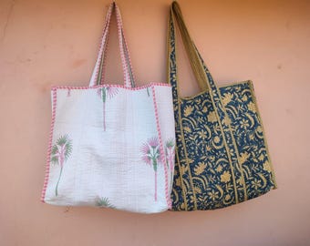 Indian Handmade Cotton Quilted Tote For Shopping, Hand Block Print Custom Storage Bag, Personalized Gift, Shoulder Carry on For market/Bags
