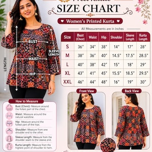 Op de afbeelding: Maattabel voor bedrukte kurta's voor dames, met afmetingen in inches. De tabel bevat borstomvang, taille, heup, schouder, mouwlengte en kurta-lengte voor de maten S tot XXL. De afbeelding toont ook voor- en achteraanzichten van een kurta met bloemenprint.