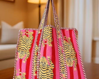 Tiger Print Baumwoll-Einkaufstasche Umweltfreundliche nachhaltige robuste Einkaufshandtasche Gesteppte Tasche