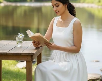 Solid White Summer Cotton Long Maxi Dress / Square Neckline Boho Long Maxi Dress / Sleeve Less Maxi Dress / Customized In Any Prints Dress.