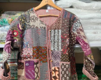 Handcrafted Cotton Quilted Patchwork Jacket, Boho Floral Reversible Coat – Vintage Kantha Kimono Style Short Jacket for Women, Gift for Her