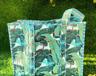 Bestickte gesteppte Baumwolltasche, Grünes Blatt, Einkaufstasche aus Canvas, umweltfreundlicher Canvas-Einkaufstasche für den täglichen Gebrauch, Geschenk für Naturliebhaber, stilvolle Tasche