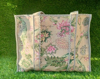 Embroidered Cotton Quilted Bag, Cream  Tote Bag for Women, Boho Travel Bag, Handmade Shoulder Purse, Large Floral Weekender, Bridesmaid