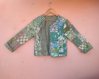 Floral Quilted Jackets Cotton green Bohemian Style Fall Winter  Coat: vintage Boho wedding Reversible kantha Jacket for Women patchwork