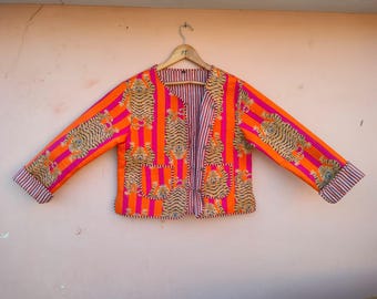 Tiger Print Quilted Jacket: Block Printed Boho Cotton Coat,Stylish Outerwear for Casual & Cold Weather — Perfect Gift for Fashion Lovers