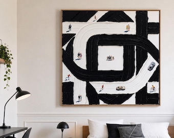 Pintura a óleo em miniatura de grande tráfego urbano, arte de parede em preto e branco com forte impasto, tela quadrada abstrata de rua, decoração moderna para sala de estar.