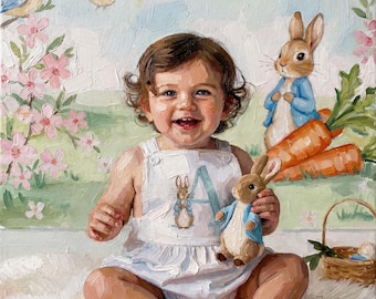 Handgeschilderd aangepaste lente babyolieverfschilderij | 3D-getextureerd paaskostuumportret van foto | Cadeau voor pasgeborenen, Impasto Art
