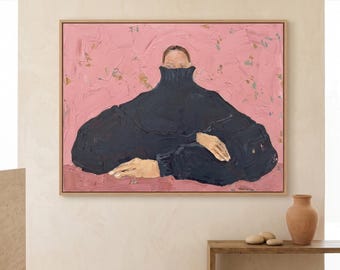 Impasto Oil Painting: Woman in Black Turtleneck, Pink Background, Textured Art, Modern Portrait, Minimalist Painting, Wall Decor