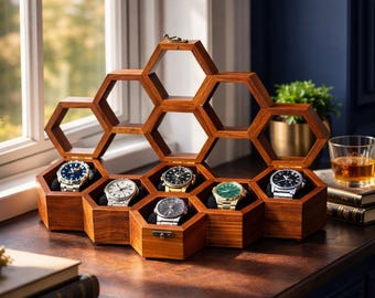 May include: A wooden watch display case with a honeycomb design. The case is filled with various watches, each with a unique face and band. The wood has a warm, reddish-brown tone, and the watches are displayed against a black interior.