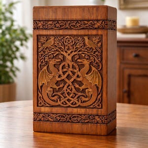 May include: A rectangular wooden box with detailed carvings. The central panel depicts two dragons flanking a tree with birds and a pentagram. The box is brown with relief carvings around the top and bottom.