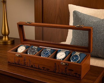 Handmade Rosewood Watch Box: 5-Slot Elegant Jewelry Organizer with Glass Lid