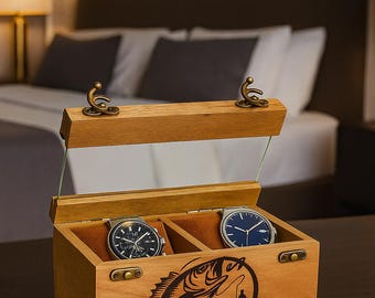 Wooden Watch Box for 2 Slot, Handmade Fishing Watch Case, Engraved Wood Jewelry  Holder