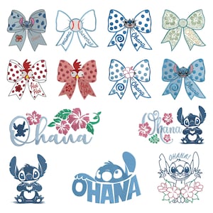 May include: A selection of embroidered designs showcasing bows, Stitch characters, and the word "Ohana." The bows feature polka dots, floral patterns, and baseball motifs. Stitch characters are depicted in different poses, with floral details.