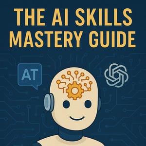 May include: Book cover titled "THE AI SKILLS MASTERY GUIDE" with a robot illustration. The robot has a gear-shaped brain and a speech bubble that says "PROMPT". The author's name, "ADIRA SMRYNN", is at the bottom.