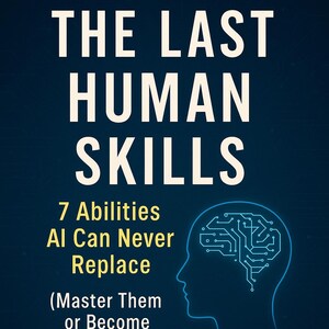Op de afbeelding: Boekomslag met de titel "THE LAST HUMAN SKILLS" in witte hoofdletters. De ondertitel luidt "7 Abilities AI Can Never Replace". Rechts een blauw silhouet van een hoofd met een printplaatontwerp.