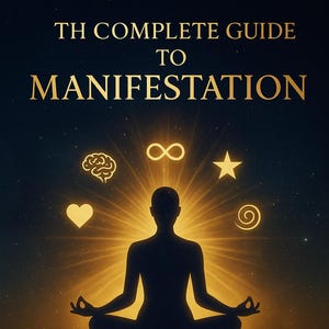 May include: Book cover with the title "TH COMPLETE GUIDE TO MANIFESTATION" in gold lettering. A silhouette of a person meditating is in the center, surrounded by symbols. The text "Mind, Intention & Reality" is at the bottom.
