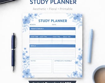 Study Planner Printable | Blue Floral Study Planner | Daily Study Schedule PDF | Student Planner | Aesthetic Study Planner