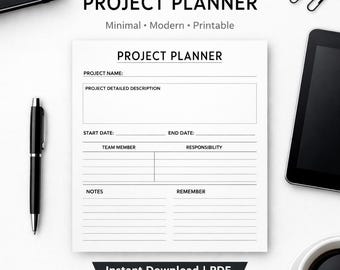 Black & White Project Planner Printable | Minimal Project Management Planner | Digital Project Planner PDF | Small Business Planner