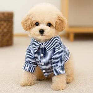 May include: A small, light brown dog wearing a blue and white striped button-down shirt. The dog is sitting and looking directly at the camera. The shirt has long sleeves and white buttons.