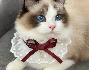 Collar de encaje para gatitos: lazo, dije de perla, ajustable