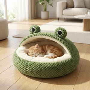 May include: A green, frog-shaped pet bed with large, round eyes. The bed has a soft, cream-colored interior and a sleeping orange tabby cat. The bed is made of a textured, knitted material.