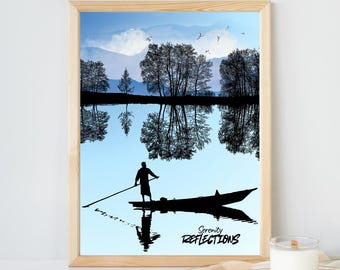 Serenity Reflections Wall Art | Minimalist Nature Landscape Print | Calm Lake Boat Silhouette | Digital Download