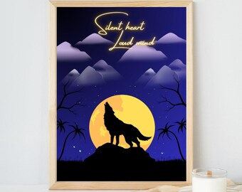 Silent Heart Loud Mind Wolf Art | Moonlight Silhouette Poster | Minimalist Wall Art | Inspirational Print
