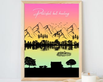Peaceful But Healing Minimalist Wall Art | Pastel Sunset Mountain Landscape| Silhouette Art Prints