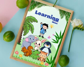 Learning Time Kids Wall Art | Jungle Animal Classroom Poster | A4 Printable | Educational Decor