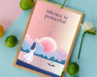 Sunset Lake Art Print: Silence is Powerful Minimalist Pastel Home Decor | Inspirational Poster