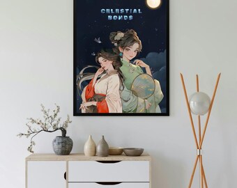 Celestial Bonds Anime Wall Art – Elegant Oriental Girls Illustration| Digital Print| Japanese Anime Poster
