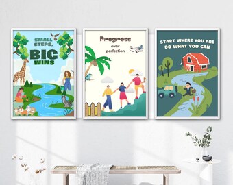 Kids Motivational Wall Art Set of 3 | Small Steps Big Wins Printable | Nursery Decor | Inspirational Classroom Poster | Digital Download