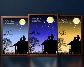 Moonlight Silhouette Art Print Set | Solitude Landscape, Bedroom Decor (Digital Download)