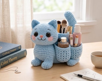 Crochet Cat Pen Holder Pattern PDF – Cute Desk Organizer & Needle Holder, Digital Download