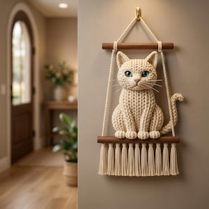 May include: A cream-colored macrame cat wall hanging featuring a chunky knit texture, blue eyes, and long whiskers. The cat sits on a dark wooden dowel suspended by thick rope, with a matching wooden dowel and fringe tassels hanging below.