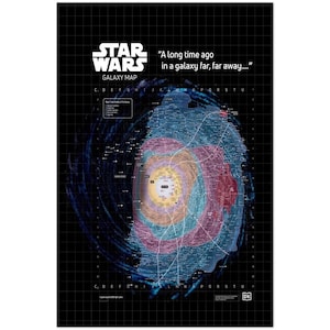 May include: Star Wars Galaxy Map poster. The image shows a colorful galactic map with the text "A long time ago in a galaxy far, far away...." The Star Wars logo is at the top left. The background is a black grid.