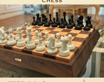 Minimalist Luxury Chess Set – 16.5” Walnut & Beechwood Chess Board with Resin Pieces and Storage, Elegant Valentine’s Gift for Him