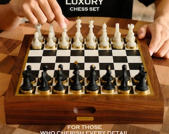 Luxury Handmade Chess Set – Walnut & Leather Chess Board with Brass Resin Pieces, Personalized Valentine’s Gift for Him or Her, Home Decor