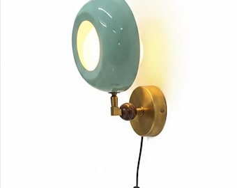Modern Mint Green Wall Sconce Lamp, Mid Century Brass Wall Light, Handmade Glass Shade Lighting, Plug In Bedside Lamp, Nordic Home Decor
